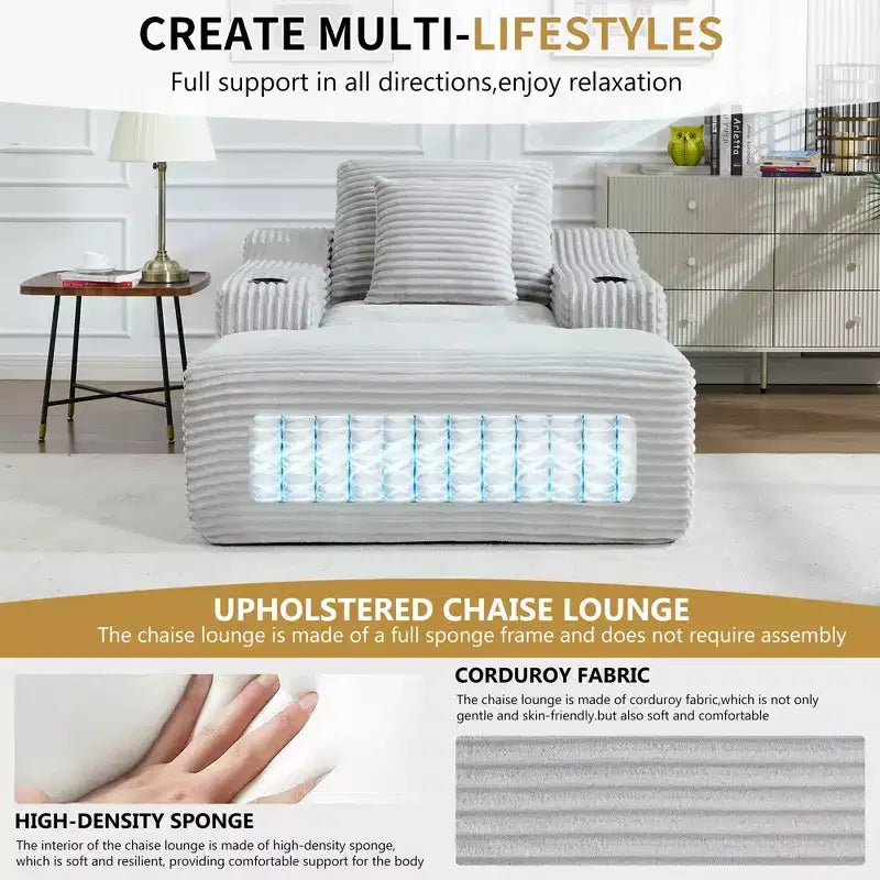 67 Chaise Longue en Velours Côtelé, Accoudoirs de 9,9 po, Fauteuil Inclinable à Siège Profond, Canapé-Lit Sans Cadre Convertible avec 2 Oreillers