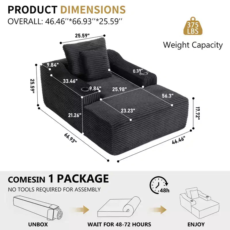 67 Chaise Longue en Velours Côtelé, Accoudoirs de 9,9 po, Fauteuil Inclinable à Siège Profond, Canapé-Lit Sans Cadre Convertible avec 2 Oreillers