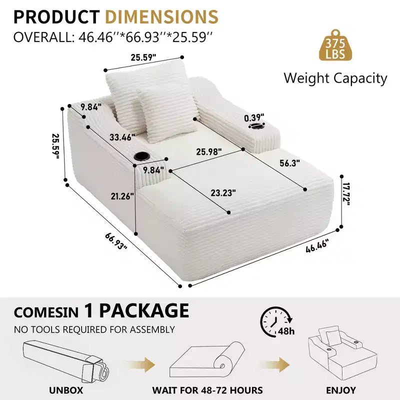 67 Chaise Longue en Velours Côtelé, Accoudoirs de 9,9 po, Fauteuil Inclinable à Siège Profond, Canapé-Lit Sans Cadre Convertible avec 2 Oreillers