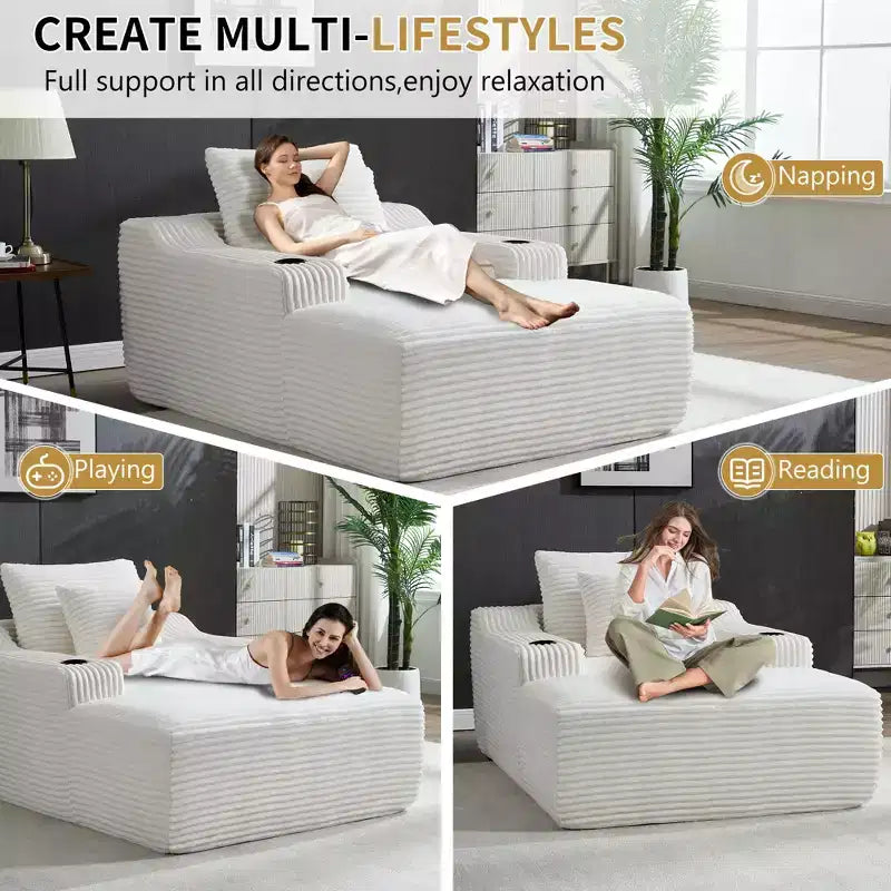67 Chaise Longue en Velours Côtelé, Accoudoirs de 9,9 po, Fauteuil Inclinable à Siège Profond, Canapé-Lit Sans Cadre Convertible avec 2 Oreillers