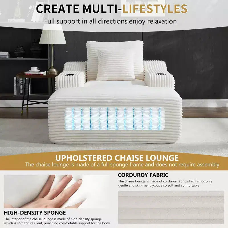 67 Chaise Longue en Velours Côtelé, Accoudoirs de 9,9 po, Fauteuil Inclinable à Siège Profond, Canapé-Lit Sans Cadre Convertible avec 2 Oreillers