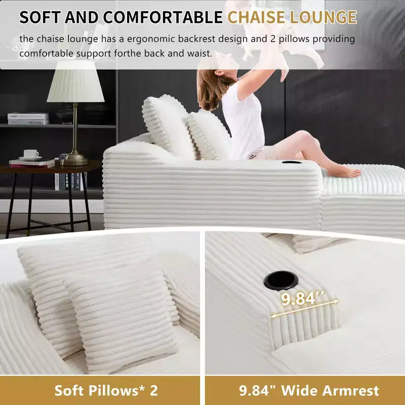 67 Chaise Longue en Velours Côtelé, Accoudoirs de 9,9 po, Fauteuil Inclinable à Siège Profond, Canapé-Lit Sans Cadre Convertible avec 2 Oreillers