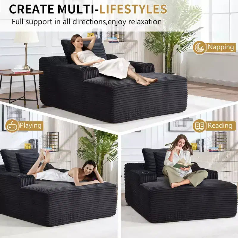 67 Chaise Longue en Velours Côtelé, Accoudoirs de 9,9 po, Fauteuil Inclinable à Siège Profond, Canapé-Lit Sans Cadre Convertible avec 2 Oreillers