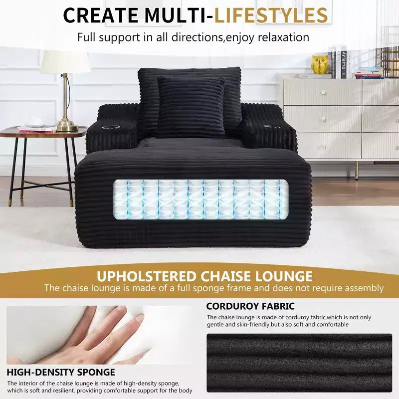 67 Chaise Longue en Velours Côtelé, Accoudoirs de 9,9 po, Fauteuil Inclinable à Siège Profond, Canapé-Lit Sans Cadre Convertible avec 2 Oreillers