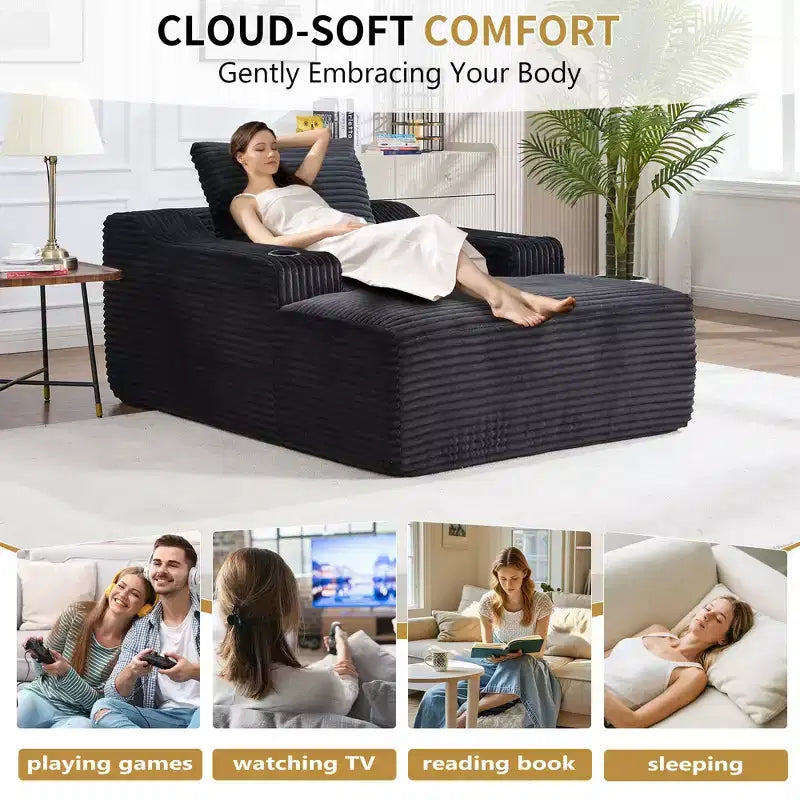 67 Chaise Longue en Velours Côtelé, Accoudoirs de 9,9 po, Fauteuil Inclinable à Siège Profond, Canapé-Lit Sans Cadre Convertible avec 2 Oreillers