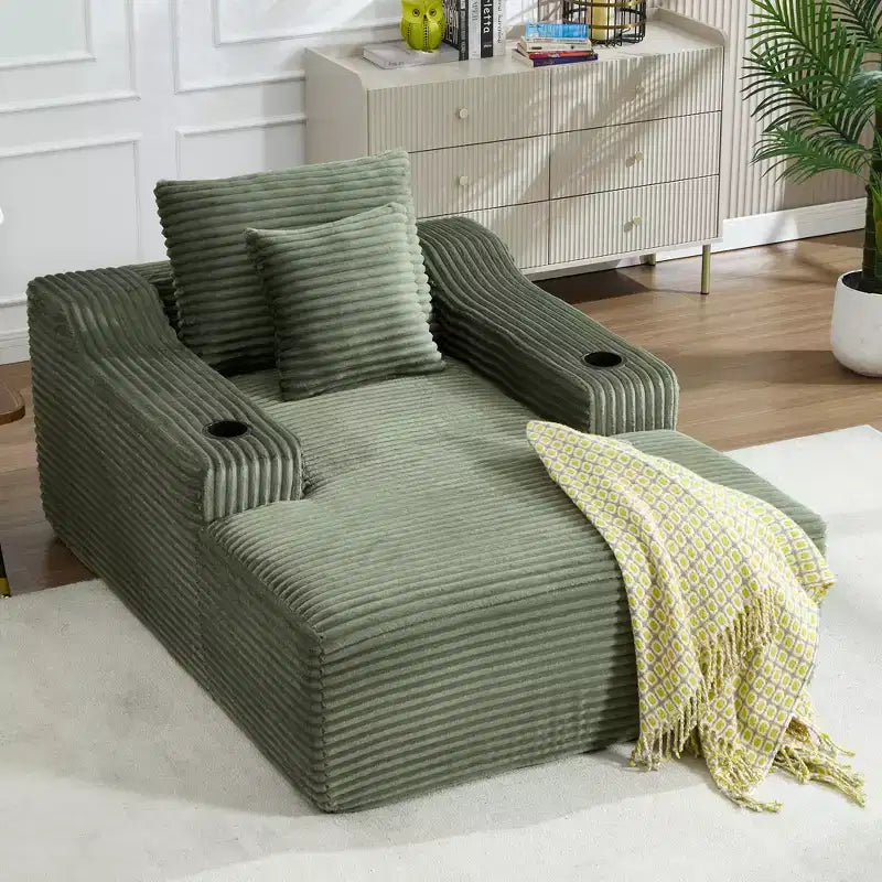 67 Chaise Longue en Velours Côtelé, Accoudoirs de 9,9 po, Fauteuil Inclinable à Siège Profond, Canapé-Lit Sans Cadre Convertible avec 2 Oreillers