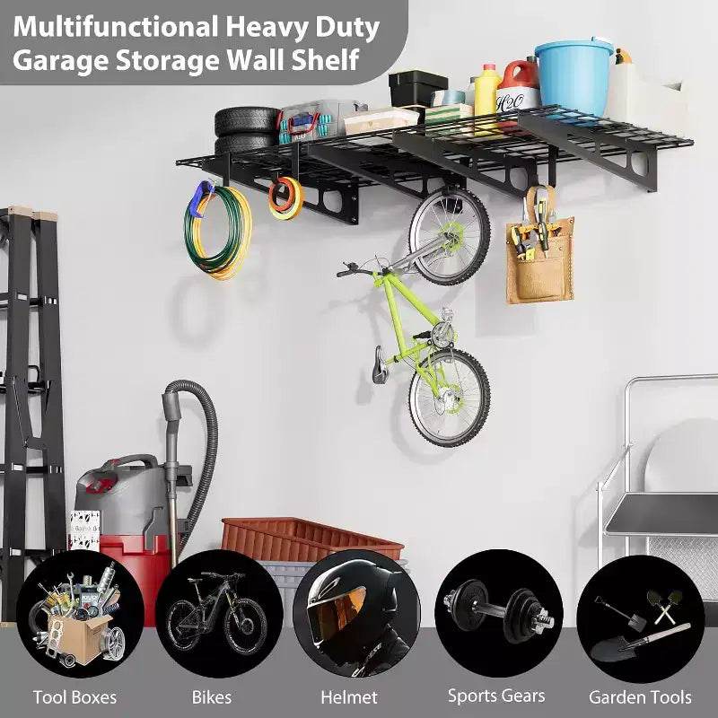 Étagères murales de garage, lot de 2 étagères de rangement robustes en acier 2x6 pieds, noires, pour l'organisation de garage et de sous-sol