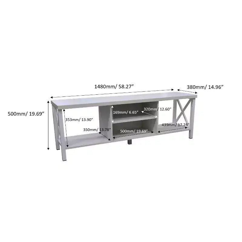 Meuble TV en bois AndMakers de 148 cm de large avec 4 étagères de rangement, convient aux téléviseurs jusqu'à 65 po.