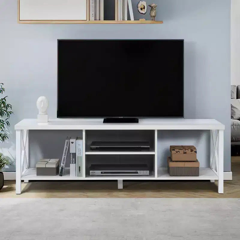 Meuble TV en bois AndMakers de 148 cm de large avec 4 étagères de rangement, convient aux téléviseurs jusqu'à 65 po.