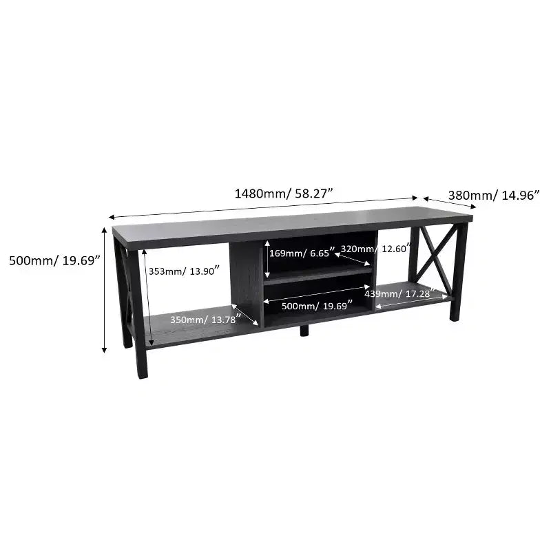 Meuble TV en bois AndMakers de 148 cm de large avec 4 étagères de rangement, convient aux téléviseurs jusqu'à 65 po.