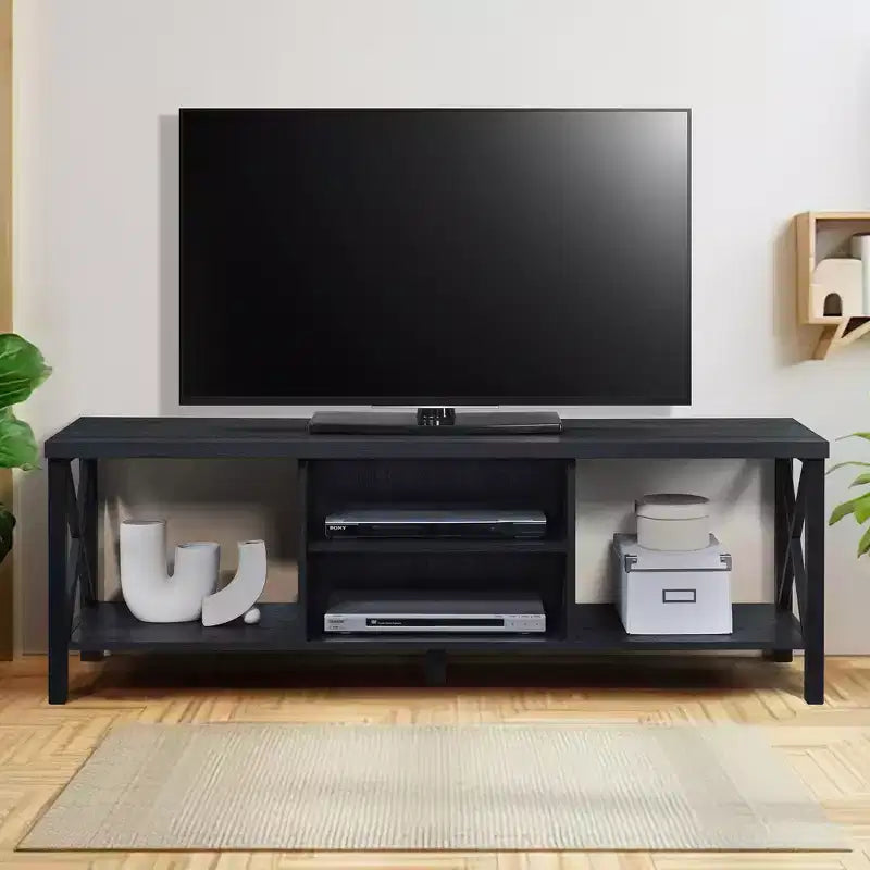Meuble TV en bois AndMakers de 148 cm de large avec 4 étagères de rangement, convient aux téléviseurs jusqu'à 65 po.