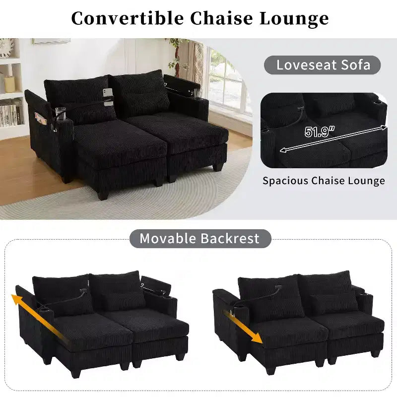 Canapé-lit convertible MAYEERTY en velours côtelé avec ports et deux porte-gobelets pour salon, noir