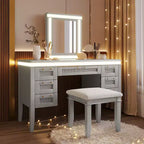Coiffeuse 48 po avec miroir et lumière, 7 tiroirs, tabouret rembourré, beige classique, tiroirs creux, pieds en bois d'hévéa, style chambre à coucher