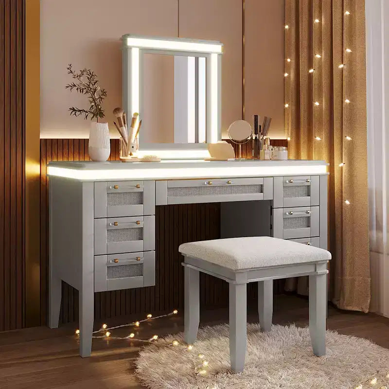 Coiffeuse 48 po avec miroir et lumière, 7 tiroirs, tabouret rembourré, beige classique, tiroirs creux, pieds en bois d'hévéa, style chambre à coucher