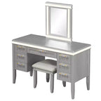 Coiffeuse 48 po avec miroir et lumière, 7 tiroirs, tabouret rembourré, beige classique, tiroirs creux, pieds en bois d'hévéa, style chambre à coucher