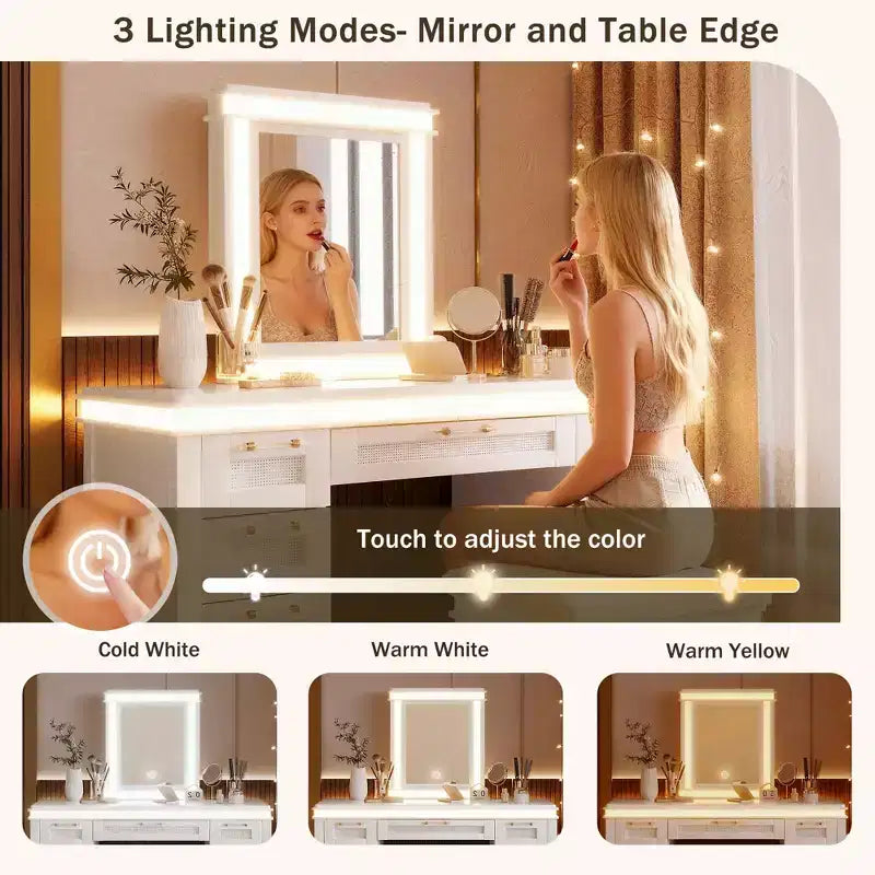 Coiffeuse 48 po avec miroir et lumière, 7 tiroirs, tabouret rembourré, beige classique, tiroirs creux, pieds en bois d'hévéa, style chambre à coucher