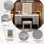 Coiffeuse 48 po avec miroir et lumière, 7 tiroirs, tabouret rembourré, beige classique, tiroirs creux, pieds en bois d'hévéa, style chambre à coucher