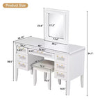 Coiffeuse 48 po avec miroir et lumière, 7 tiroirs, tabouret rembourré, beige classique, tiroirs creux, pieds en bois d'hévéa, style chambre à coucher