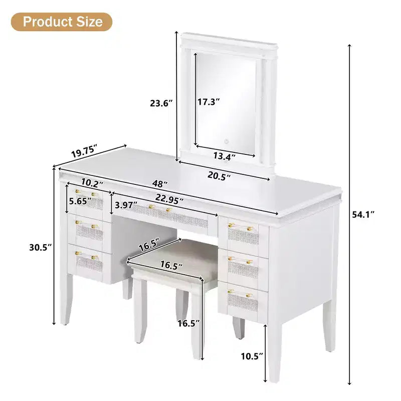 Coiffeuse 48 po avec miroir et lumière, 7 tiroirs, tabouret rembourré, beige classique, tiroirs creux, pieds en bois d'hévéa, style chambre à coucher