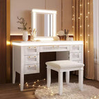 Coiffeuse 48 po avec miroir et lumière, 7 tiroirs, tabouret rembourré, beige classique, tiroirs creux, pieds en bois d'hévéa, style chambre à coucher