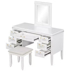 Coiffeuse 48 po avec miroir et lumière, 7 tiroirs, tabouret rembourré, beige classique, tiroirs creux, pieds en bois d'hévéa, style chambre à coucher
