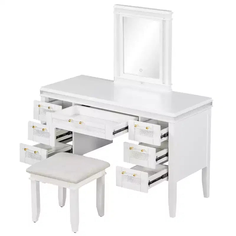 Coiffeuse 48 po avec miroir et lumière, 7 tiroirs, tabouret rembourré, beige classique, tiroirs creux, pieds en bois d'hévéa, style chambre à coucher