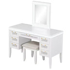 Coiffeuse 48 po avec miroir et lumière, 7 tiroirs, tabouret rembourré, beige classique, tiroirs creux, pieds en bois d'hévéa, style chambre à coucher