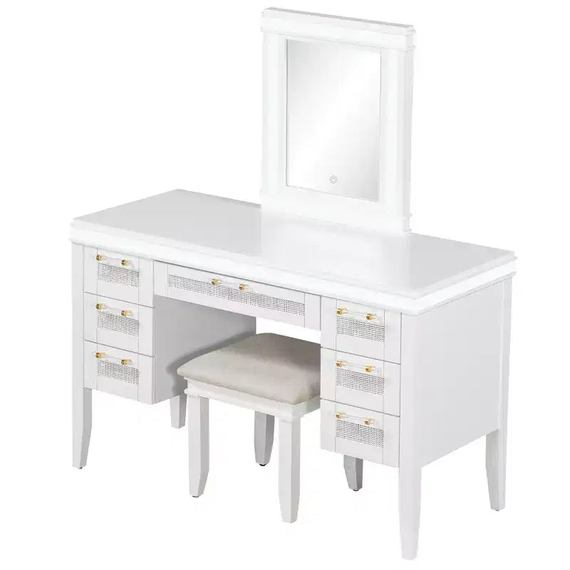 Coiffeuse 48 po avec miroir et lumière, 7 tiroirs, tabouret rembourré, beige classique, tiroirs creux, pieds en bois d'hévéa, style chambre à coucher