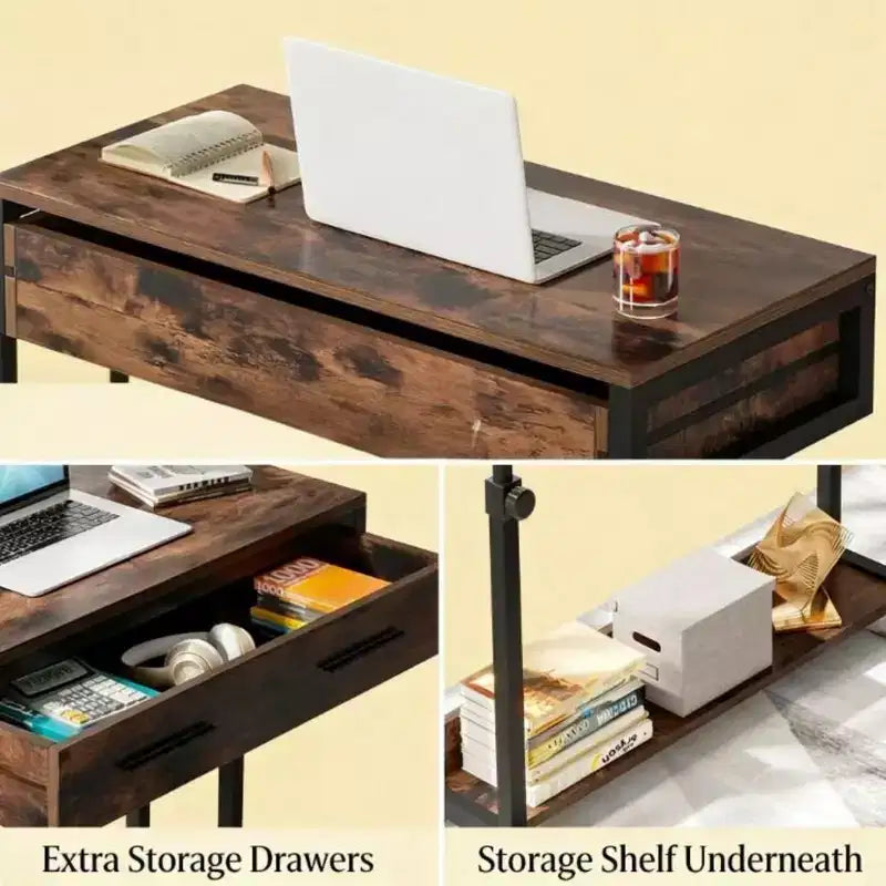 NAYSAYE Bureau mobile d'appoint, hauteur réglable, avec roulettes et tiroir de rangement, pour bureau à domicile, noir et marron, 31.52*17.73*42.16