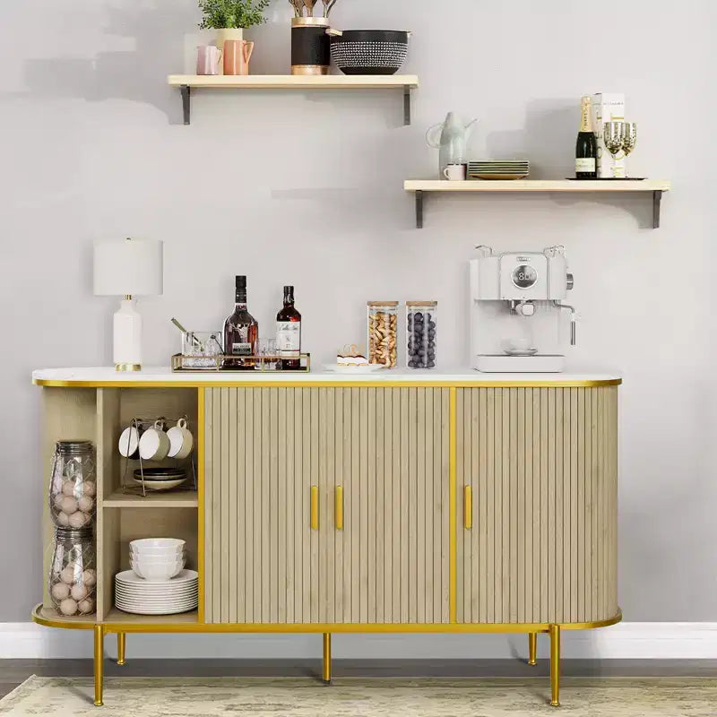Buffet de rangement de 150 cm avec portes cannelées, pieds en métal, plateau aspect marbre, style Mid-Century Moderne, pour salle à manger