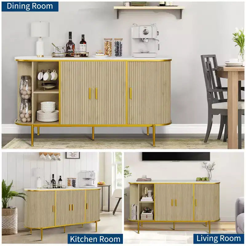 Buffet de rangement de 150 cm avec portes cannelées, pieds en métal, plateau aspect marbre, style Mid-Century Moderne, pour salle à manger
