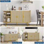 Buffet de rangement de 150 cm avec portes cannelées, pieds en métal, plateau aspect marbre, style Mid-Century Moderne, pour salle à manger
