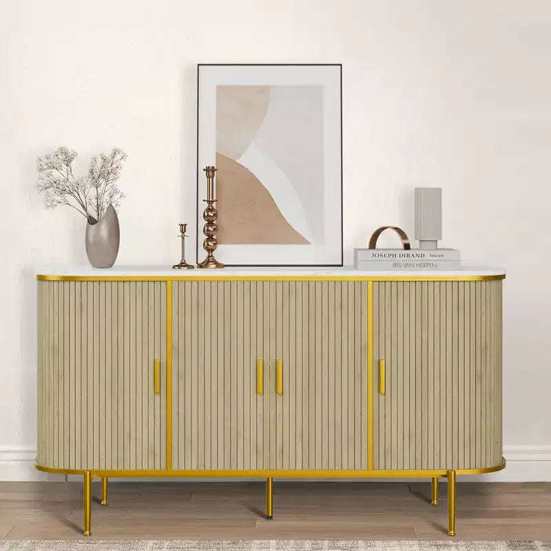 Buffet de rangement de 150 cm avec portes cannelées, pieds en métal, plateau aspect marbre, style Mid-Century Moderne, pour salle à manger