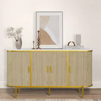 Buffet de rangement de 150 cm avec portes cannelées, pieds en métal, plateau aspect marbre, style Mid-Century Moderne, pour salle à manger