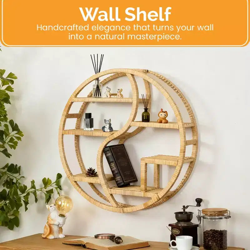 Étagère murale ronde en bambou Vintiquewise avec présentoir en bois à 3 niveaux, étagère suspendue bohème pour salon, chambre et décoration intérieure