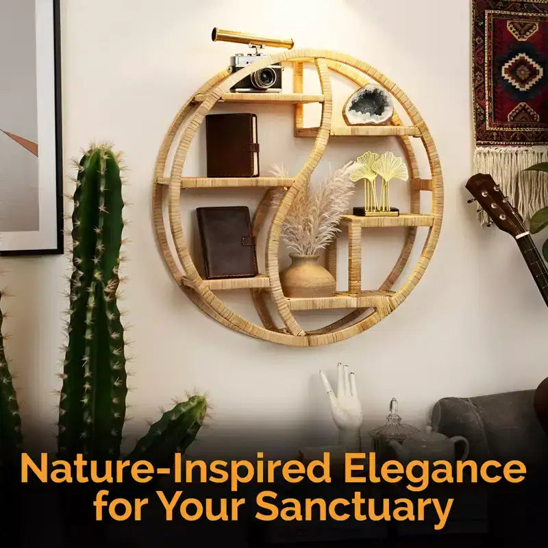 Étagère murale ronde en bambou Vintiquewise avec présentoir en bois à 3 niveaux, étagère suspendue bohème pour salon, chambre et décoration intérieure