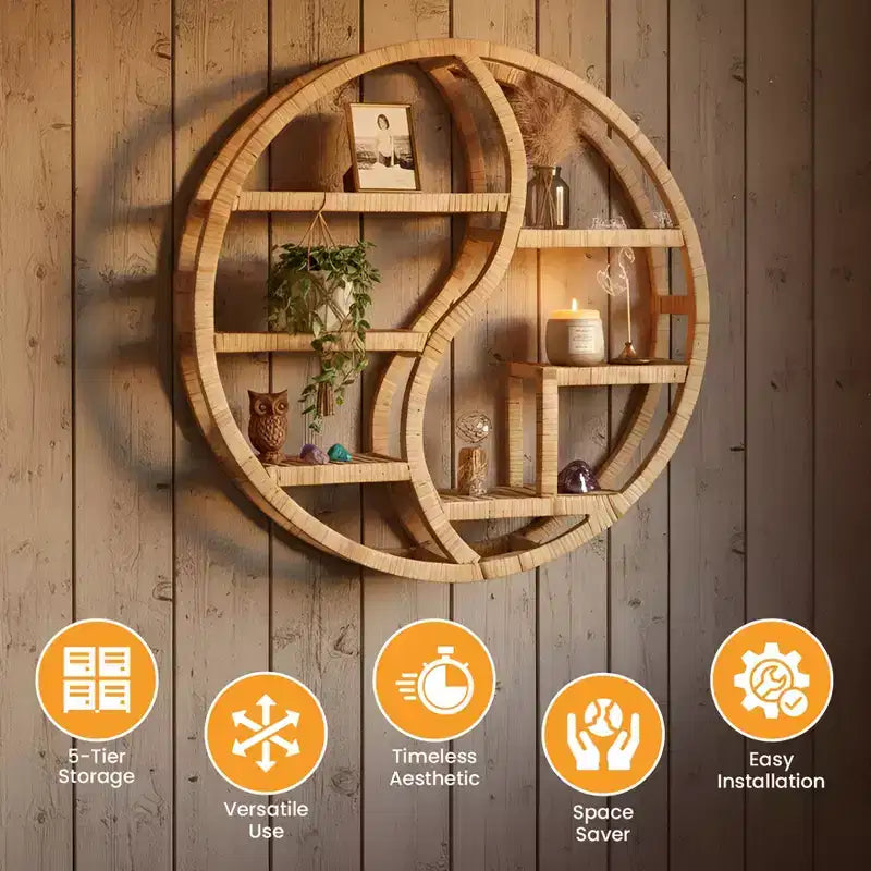 Étagère murale ronde en bambou Vintiquewise avec présentoir en bois à 3 niveaux, étagère suspendue bohème pour salon, chambre et décoration intérieure