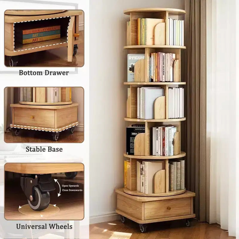VIYET 68 Étagère rotative à 360° à 6 niveaux, tour en MDF couleur bois avec roulettes et tiroir (rangement peu encombrant pour la maison/le bureau)