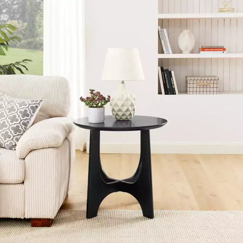 Table d'appoint ronde moderne de 63,5 cm avec finition bois, table d'appoint à pieds croisés pour salon ou petits espaces - Panipeachy