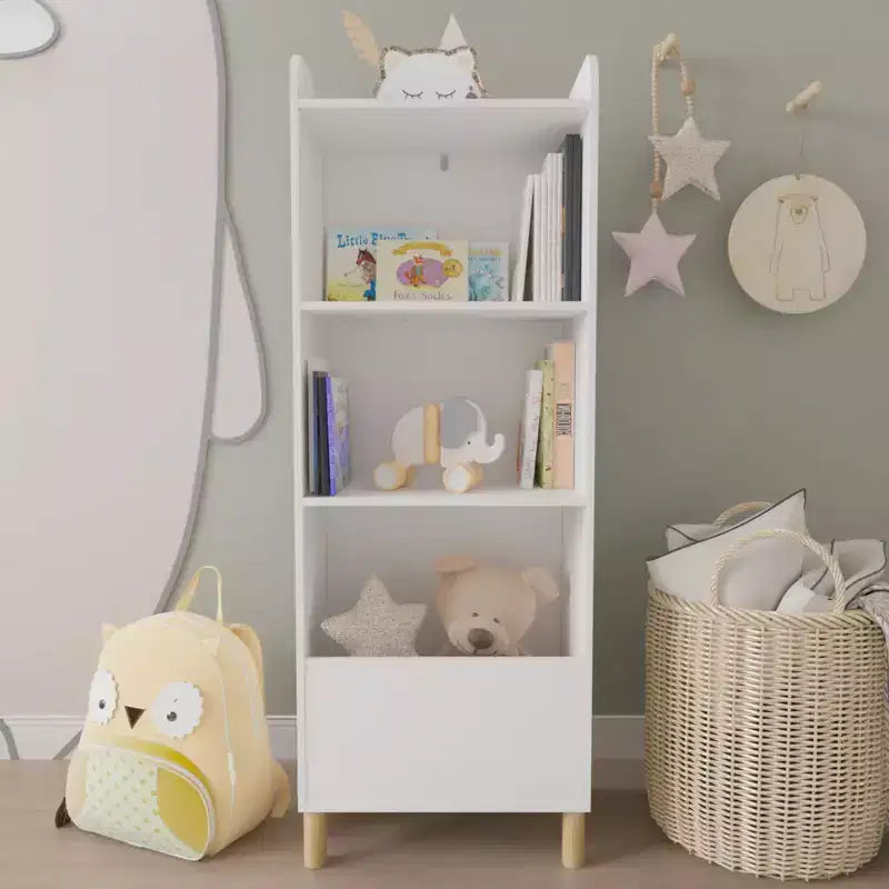 Bibliothèque 4 niveaux VIYET 51 pour enfants, organiseur de rangement en MDF blanc et pieds en pin avec dispositif anti-basculement (étagère de présentation pour chambre d'enfant/salle de jeux)