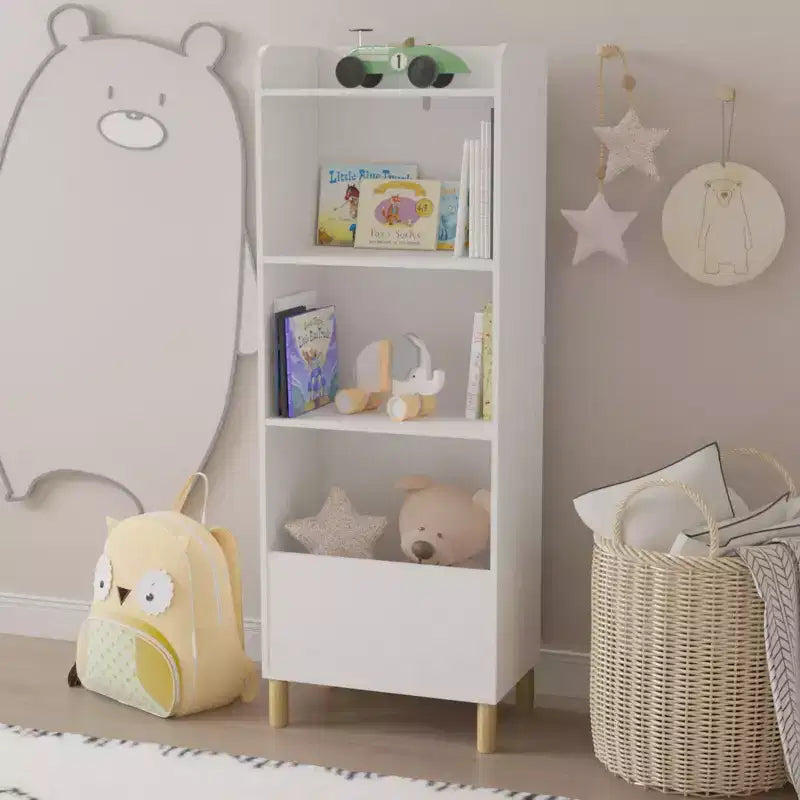 Bibliothèque 4 niveaux VIYET 51 pour enfants, organiseur de rangement en MDF blanc et pieds en pin avec dispositif anti-basculement (étagère de présentation pour chambre d'enfant/salle de jeux)