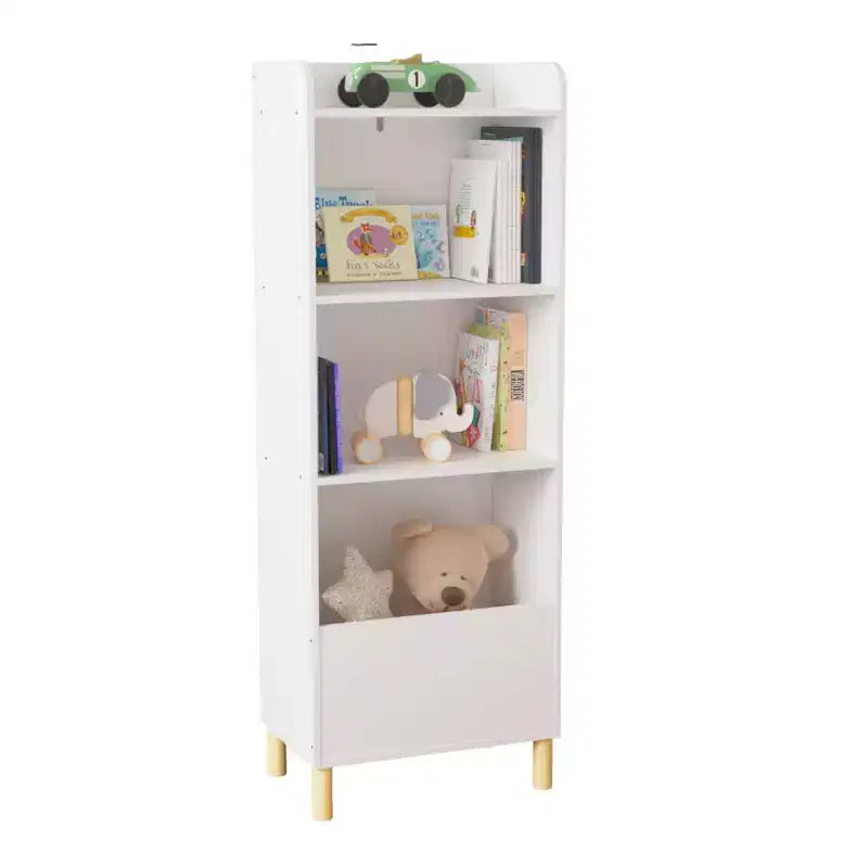 Bibliothèque 4 niveaux VIYET 51 pour enfants, organiseur de rangement en MDF blanc et pieds en pin avec dispositif anti-basculement (étagère de présentation pour chambre d'enfant/salle de jeux)