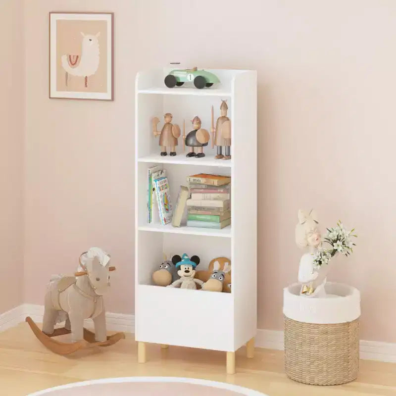 Bibliothèque 4 niveaux VIYET 51 pour enfants, organiseur de rangement en MDF blanc et pieds en pin avec dispositif anti-basculement (étagère de présentation pour chambre d'enfant/salle de jeux)