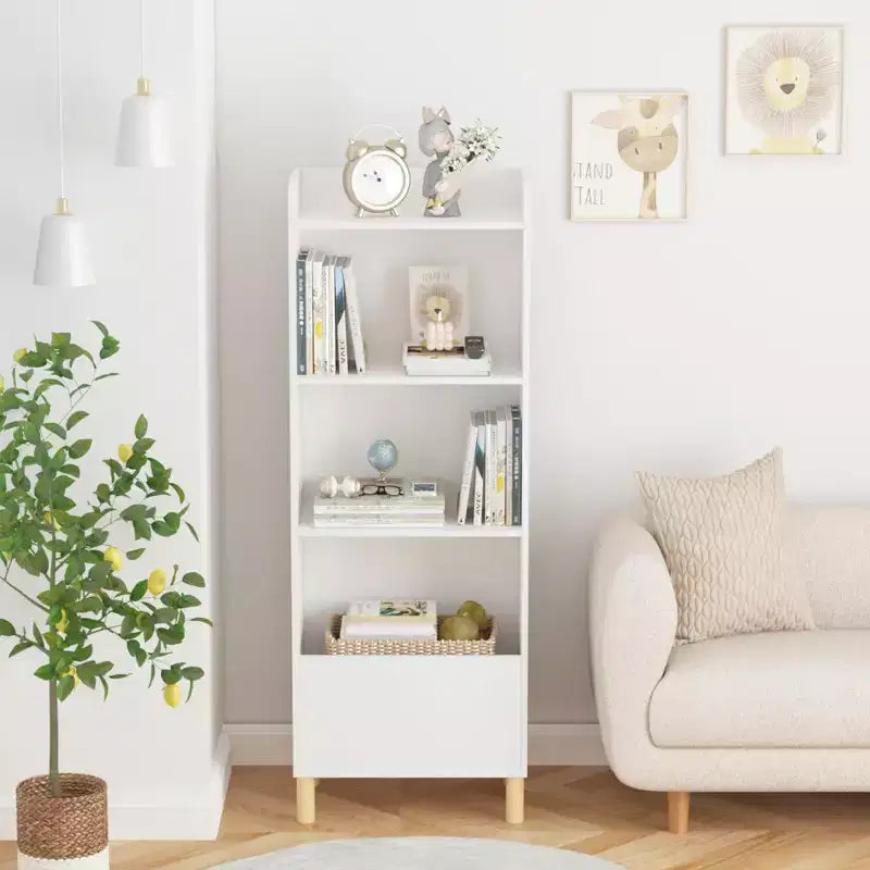 Bibliothèque 4 niveaux VIYET 51 pour enfants, organiseur de rangement en MDF blanc et pieds en pin avec dispositif anti-basculement (étagère de présentation pour chambre d'enfant/salle de jeux)