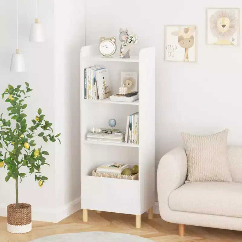 Bibliothèque 4 niveaux VIYET 51 pour enfants, organiseur de rangement en MDF blanc et pieds en pin avec dispositif anti-basculement (étagère de présentation pour chambre d'enfant/salle de jeux)
