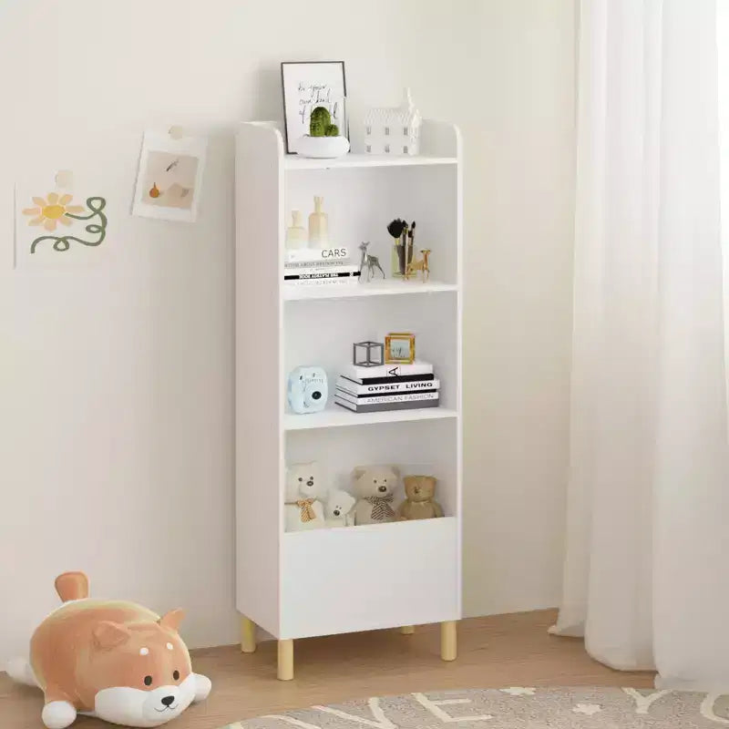 Bibliothèque 4 niveaux VIYET 51 pour enfants, organiseur de rangement en MDF blanc et pieds en pin avec dispositif anti-basculement (étagère de présentation pour chambre d'enfant/salle de jeux)