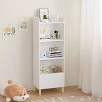 Bibliothèque 4 niveaux VIYET 51 pour enfants, organiseur de rangement en MDF blanc et pieds en pin avec dispositif anti-basculement (étagère de présentation pour chambre d'enfant/salle de jeux)
