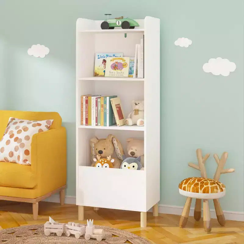 Bibliothèque 4 niveaux VIYET 51 pour enfants, organiseur de rangement en MDF blanc et pieds en pin avec dispositif anti-basculement (étagère de présentation pour chambre d'enfant/salle de jeux)