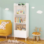Bibliothèque 4 niveaux VIYET 51 pour enfants, organiseur de rangement en MDF blanc et pieds en pin avec dispositif anti-basculement (étagère de présentation pour chambre d'enfant/salle de jeux)
