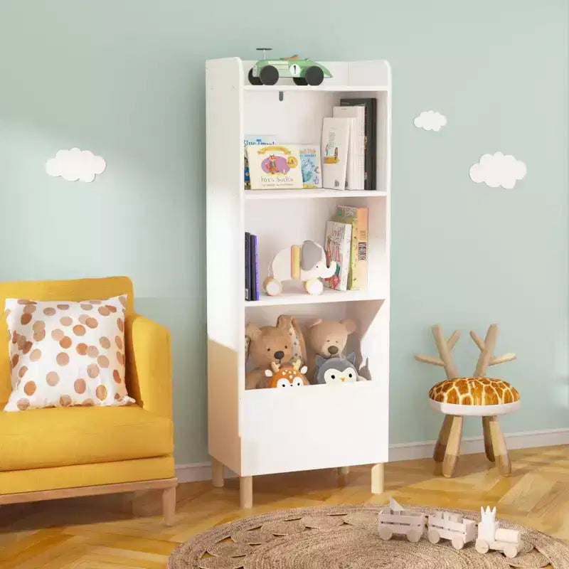 Bibliothèque 4 niveaux VIYET 51 pour enfants, organiseur de rangement en MDF blanc et pieds en pin avec dispositif anti-basculement (étagère de présentation pour chambre d'enfant/salle de jeux)